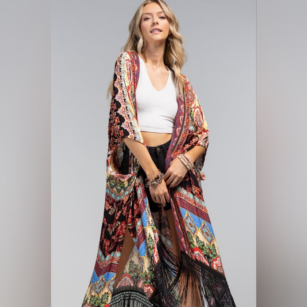 Bohemian Floral & Demask Print Kimono / Duster w/ Side Slits - Deep Rich Colors - Picture 5 of 7